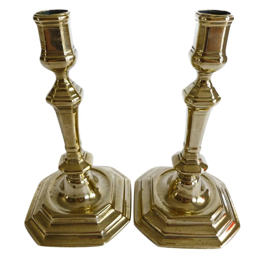Pair of French Silver Form 18th Century Brass Candlesticks, circa 1740 For Sale