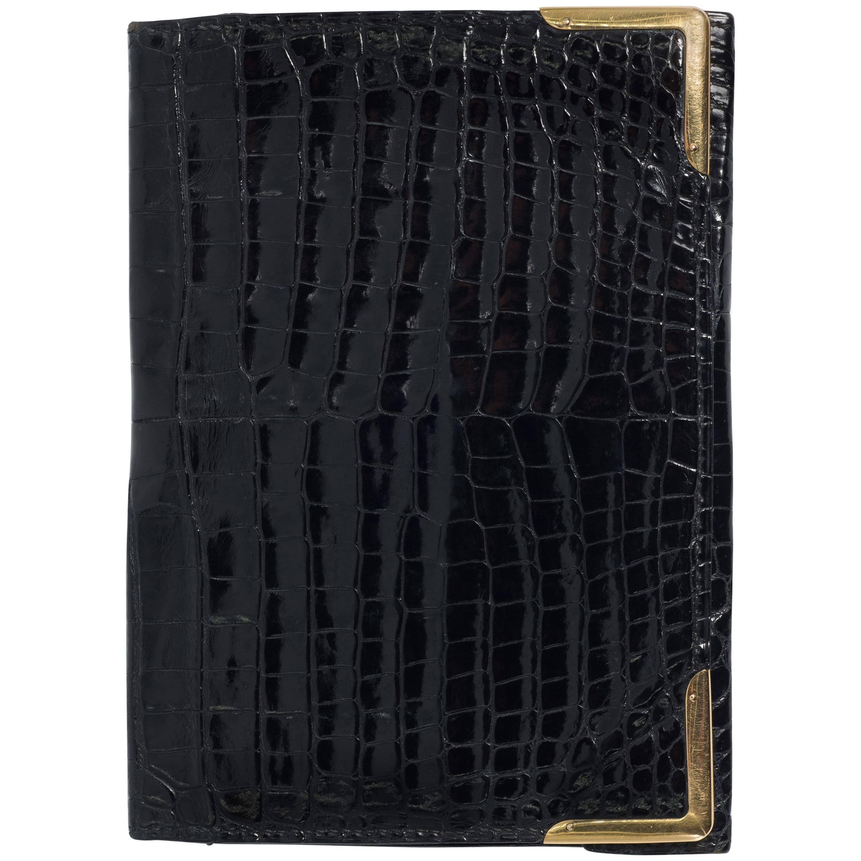 Superb Hermes Paris 1960s Gentlemans Black Crocodile Gold Cornered Wallet