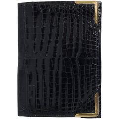 Superb Hermes Paris 1960s Gentlemans Black Crocodile Gold Cornered Wallet