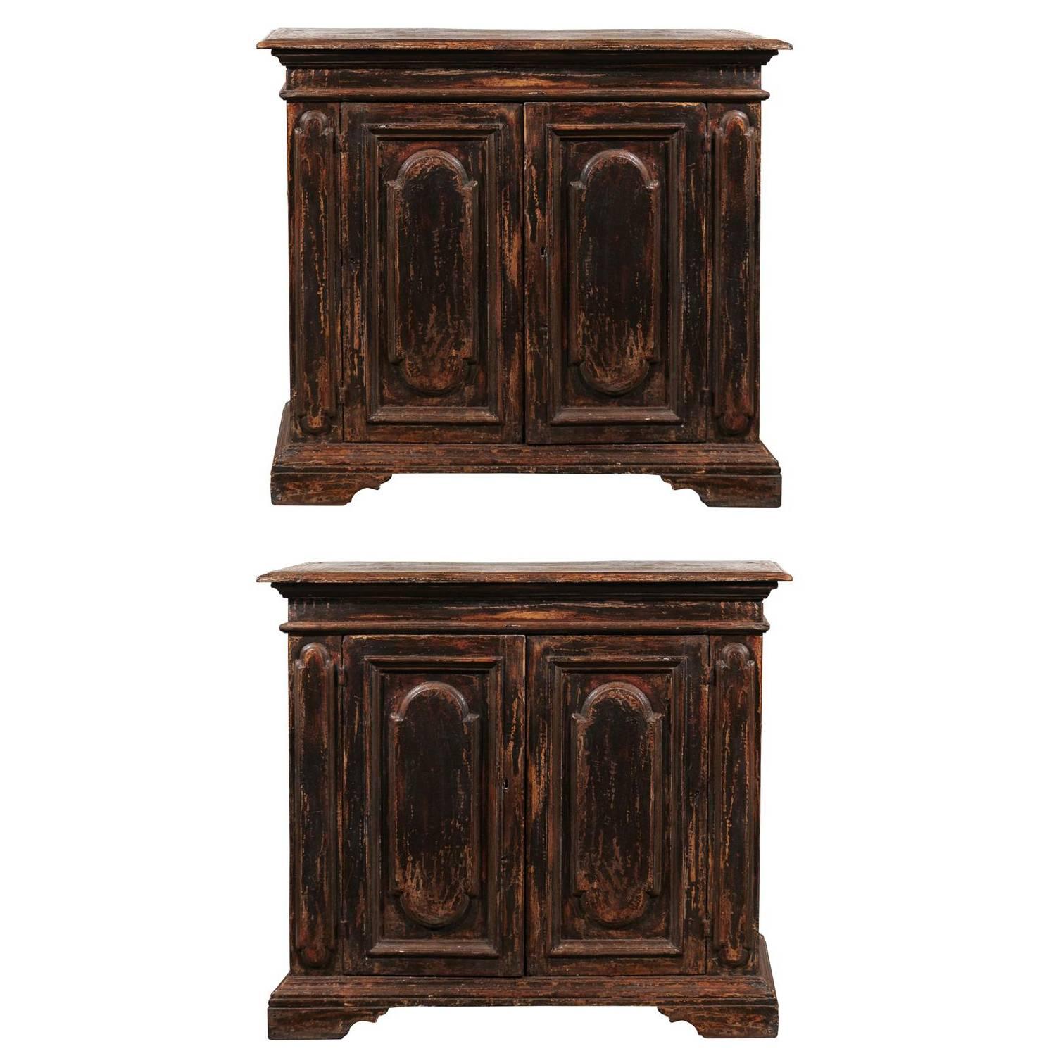 Pair of Italian Black Painted Tall Two-Door Buffets from the Late 19th Century