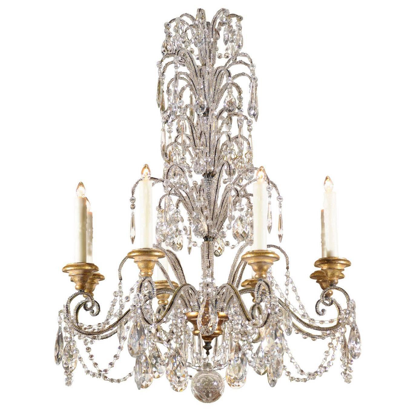 Italian Crystal Eight-Light Chandelier with Beaded Arms and Giltwood Bobèches