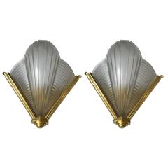Pair of Petitot Ribbed Wall Sconces French Art Deco