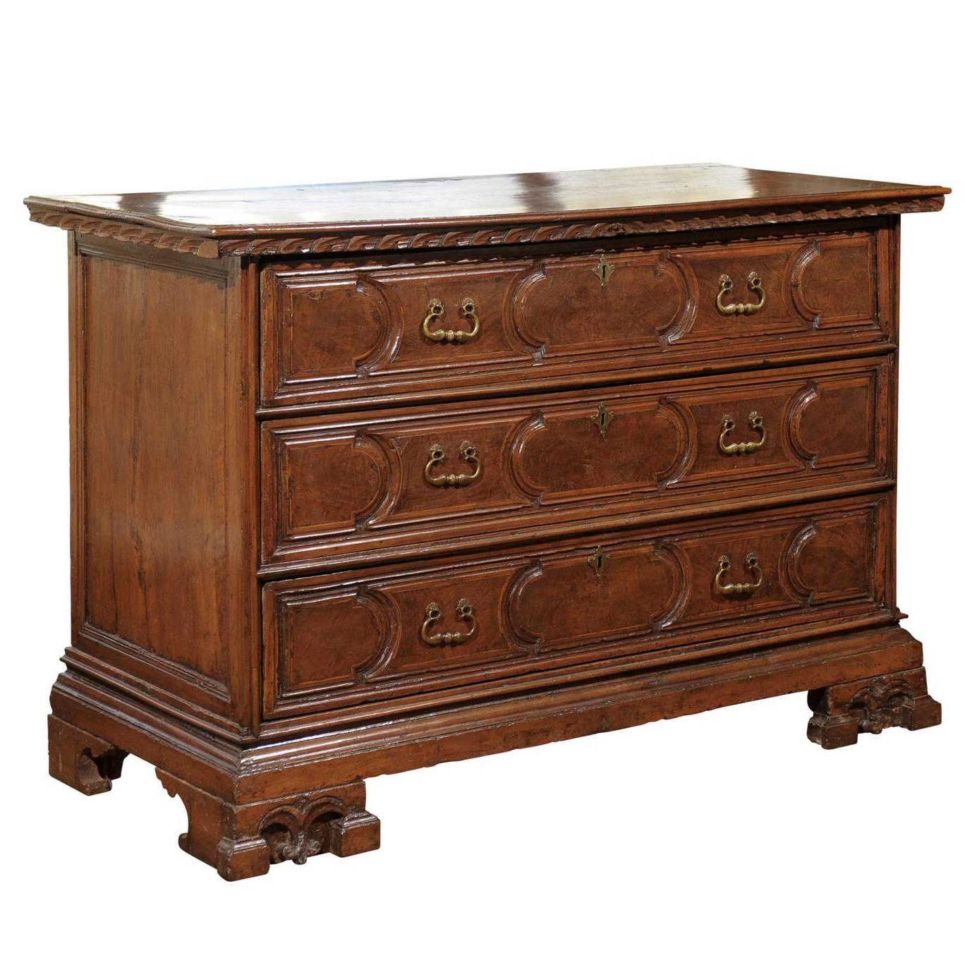 Tall Italian 1790s Three-Drawer Commode With Cartouches and Bracket Feet.