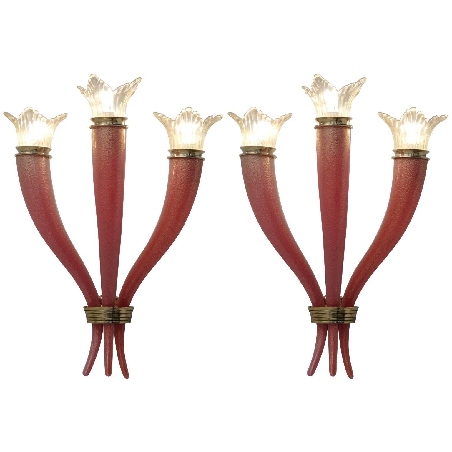 Tomaso Buzzi Extremely Rare Pair of Red Sconces for Venini