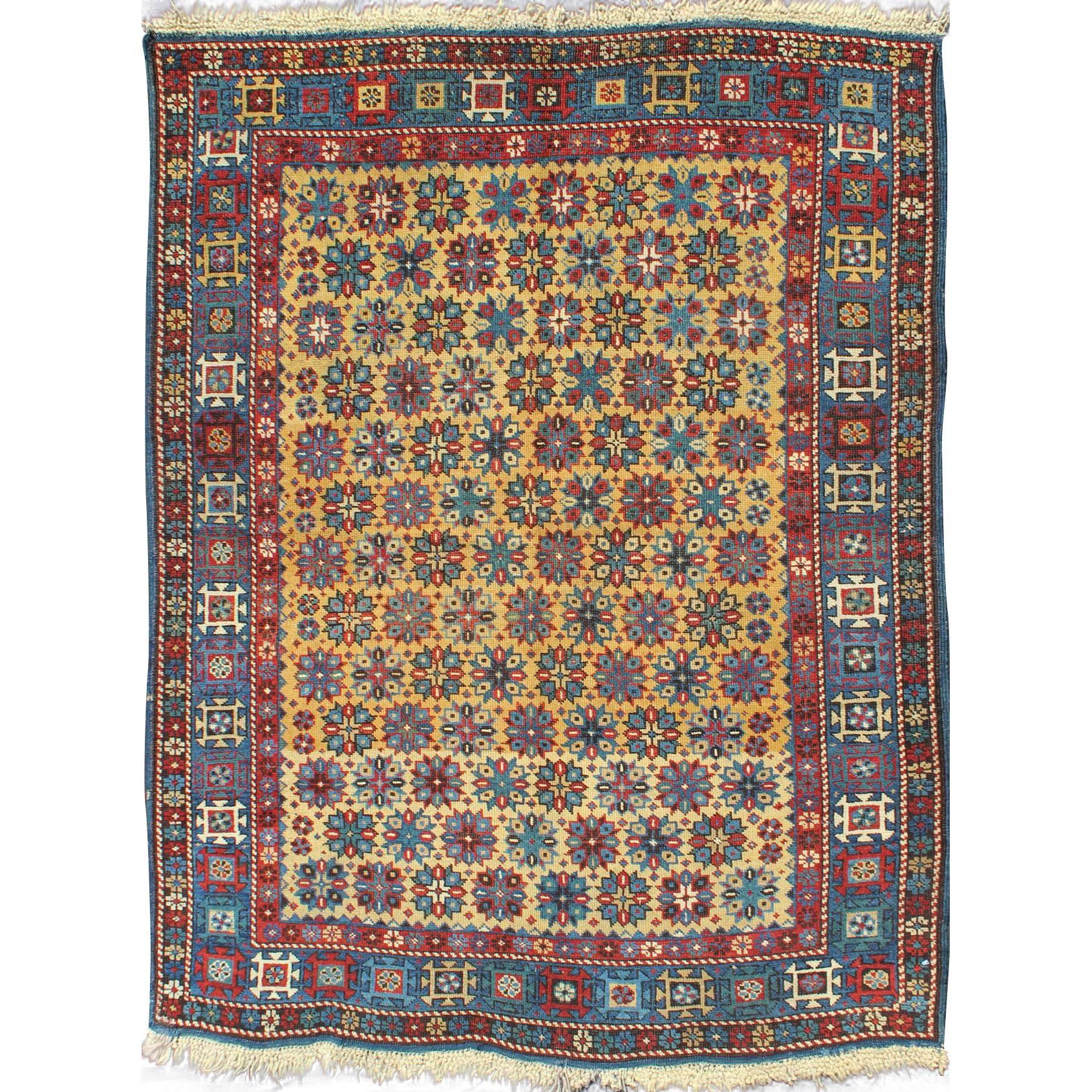 Rare Antique Caucasian Shirvan Rug in Yellow Background and Blue Border