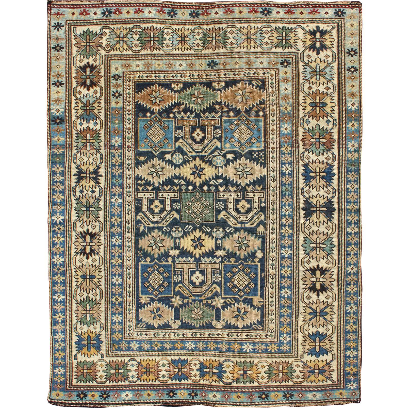 Antique Hand Knotted Caucasian Shirvan Rug in Blue with Tribal Design 3'5"x4'5"