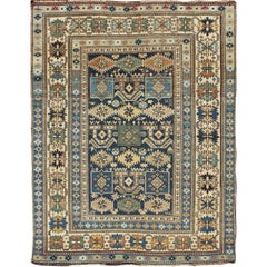 Antique Hand Knotted Caucasian Shirvan Rug in Blue with Tribal Design