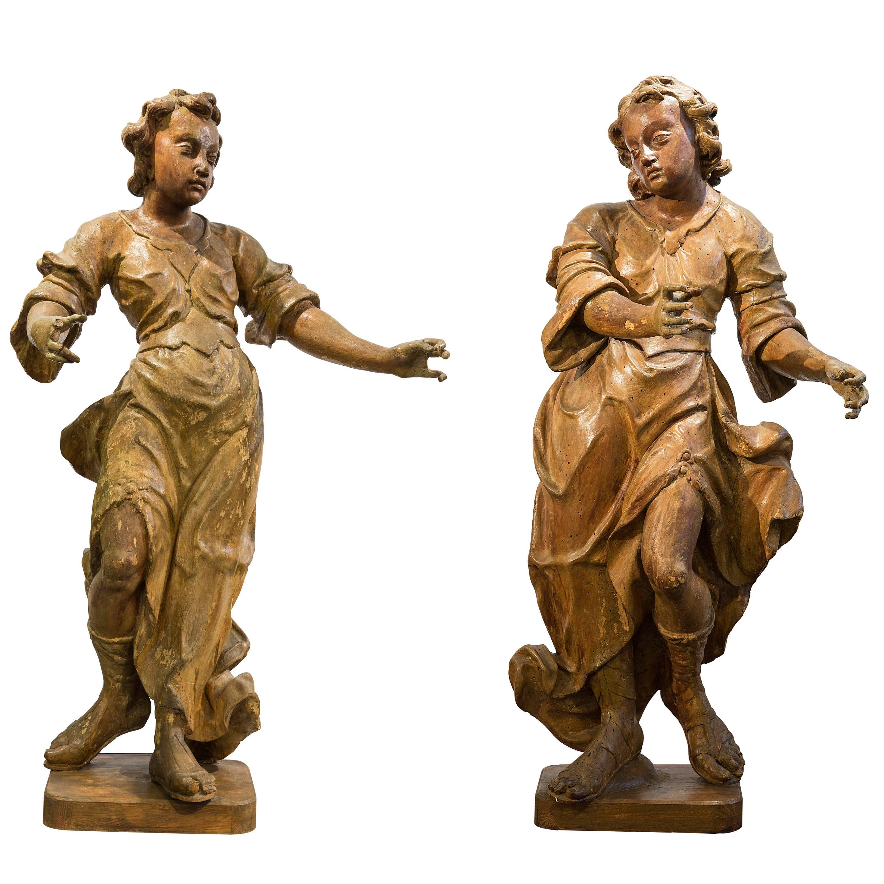 Large Pair of Baroque Wood Figures Early 18th For Sale