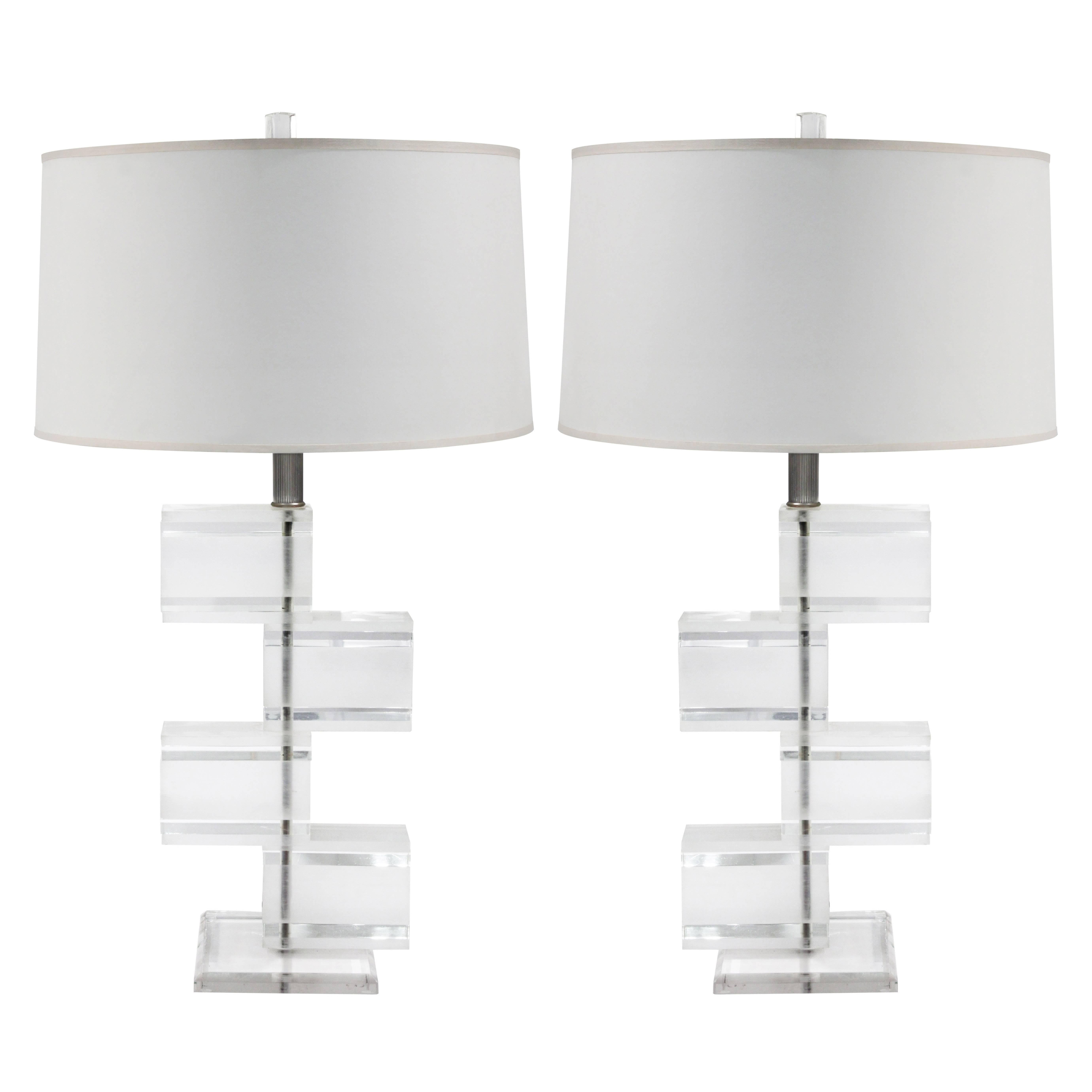 Pair of Chic Stacked Lucite Table Lamps