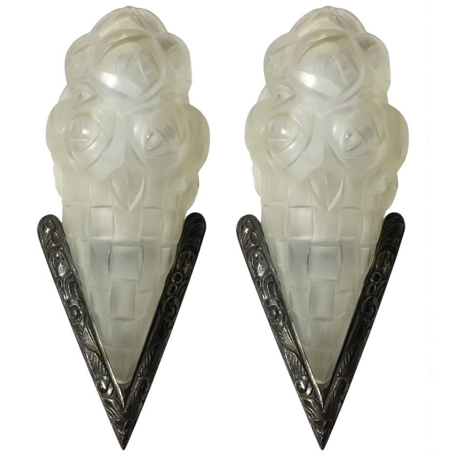 Pair of French Art Deco Sconces Signed by Degue For Sale
