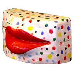 Red Lips, Modern Terra Cotta Kiss Sculpture with Multicolor Dots on White 1