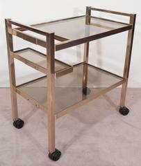 Bar Cart in Rose-Tinted Brass Frame with Smoked Glass Shelves