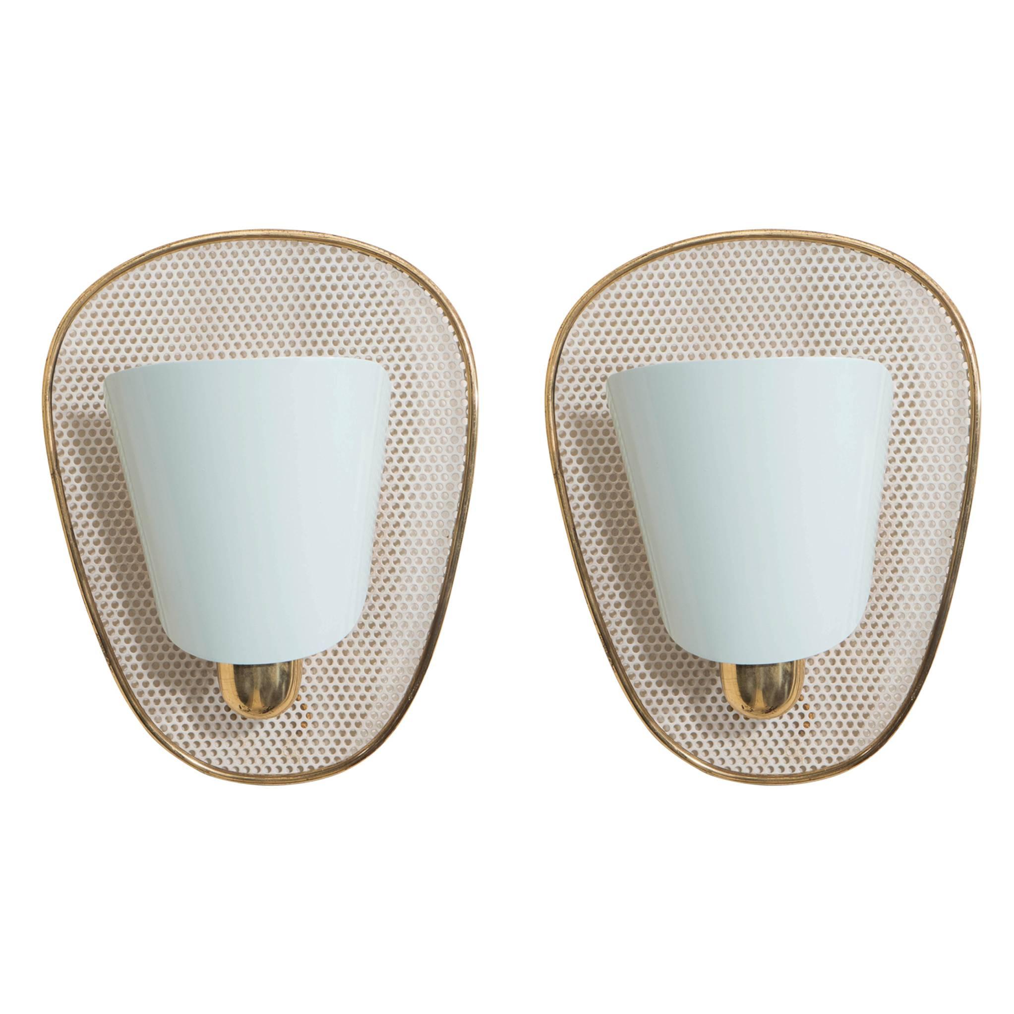 Pair of BAG Turgi Swiss Wall Sconces with Enameled Shades