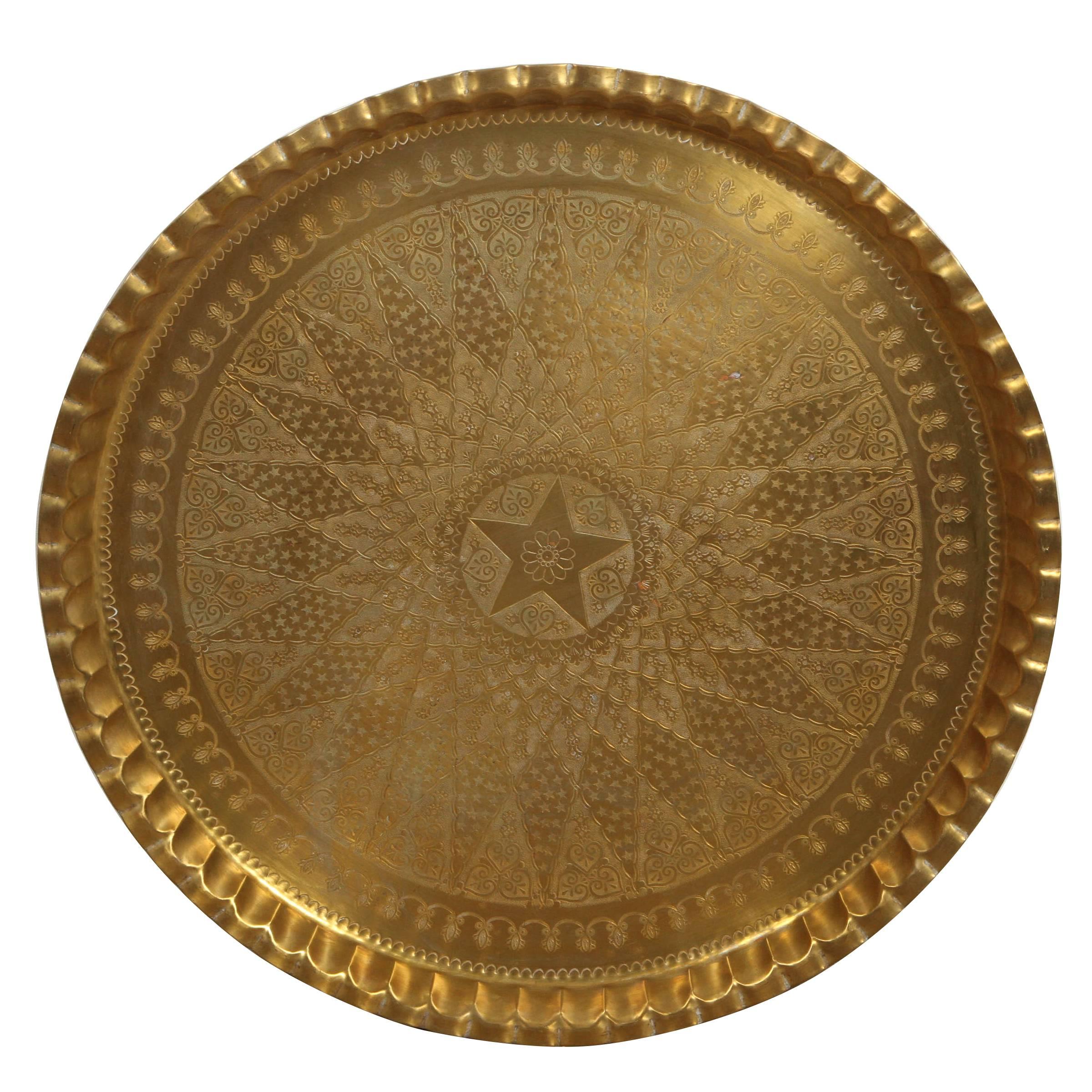 Large  Middle Eastern Moorish Syrian Hand-Hammered Brass Tray 