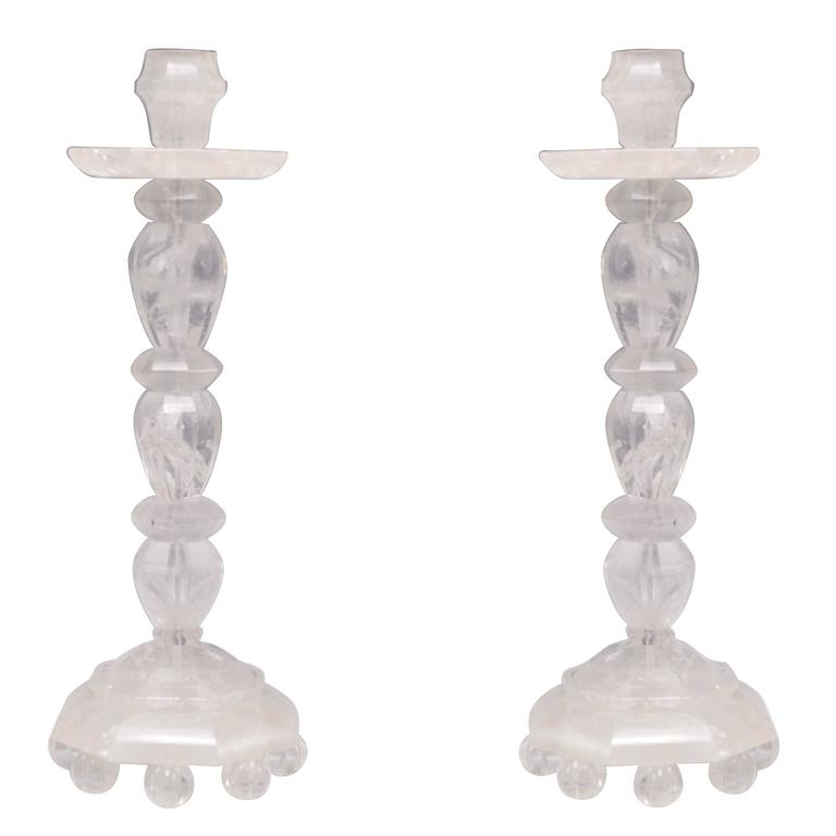 Pair of Fine Carved Rock Crystal Candlesticks For Sale at 1stdibs