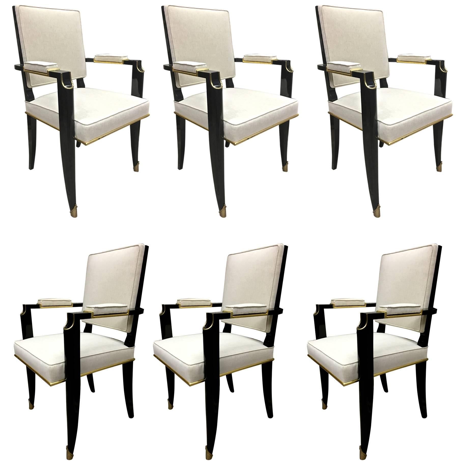Maurice Jallot Set of Six Black Neoclassic Chairs with Gold Bronze Details For Sale
