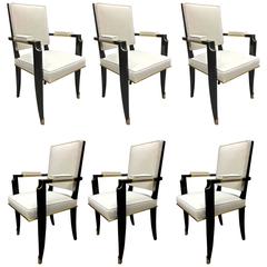 Maurice Jallot Set of Six Black Neoclassic Chairs with Gold Bronze Details