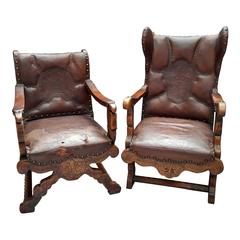19th Century Dutch Leather His and Hers Castle Lounge Chairs
