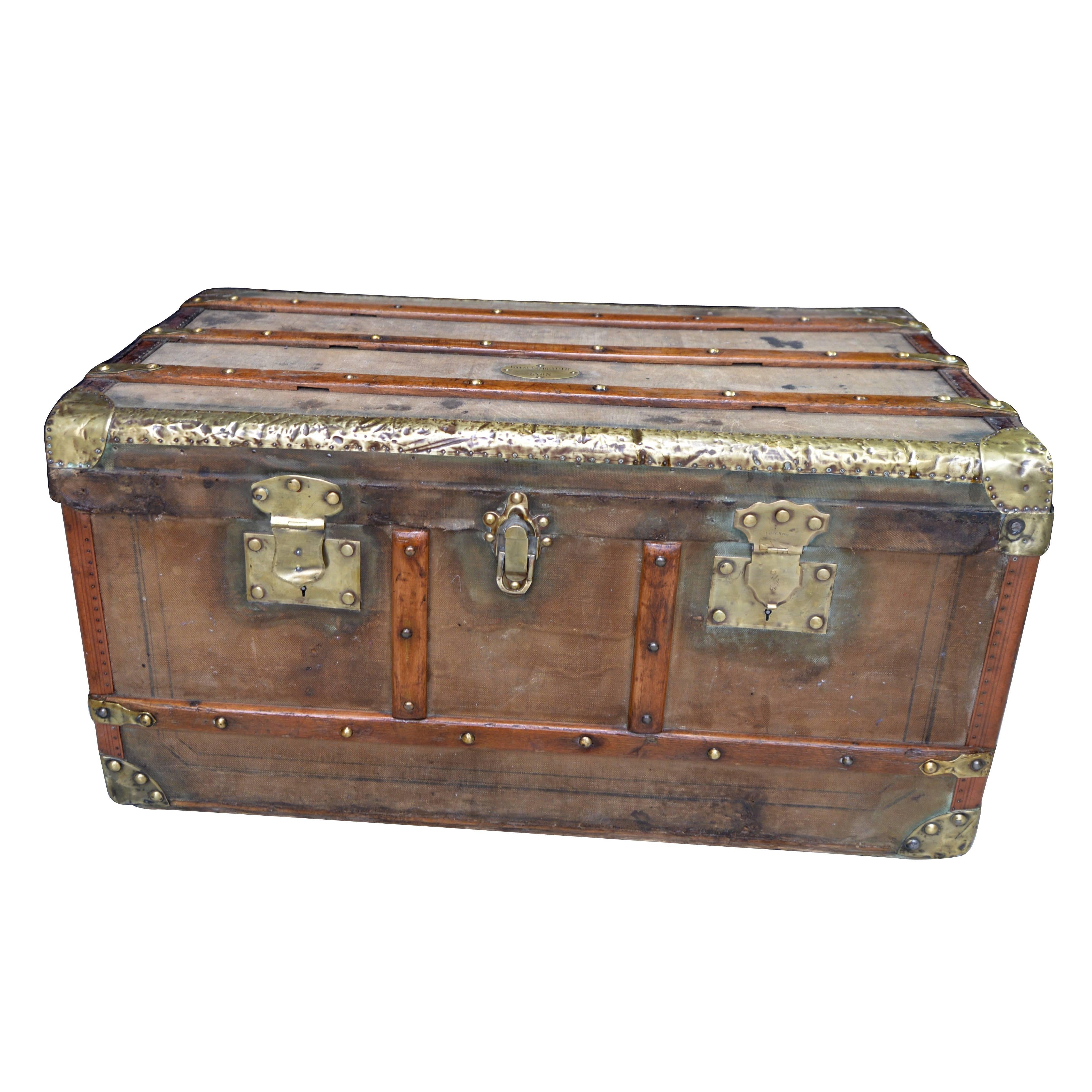 19th Century French Wooden and Brass Trunk, Eugene Laprevotte For Sale