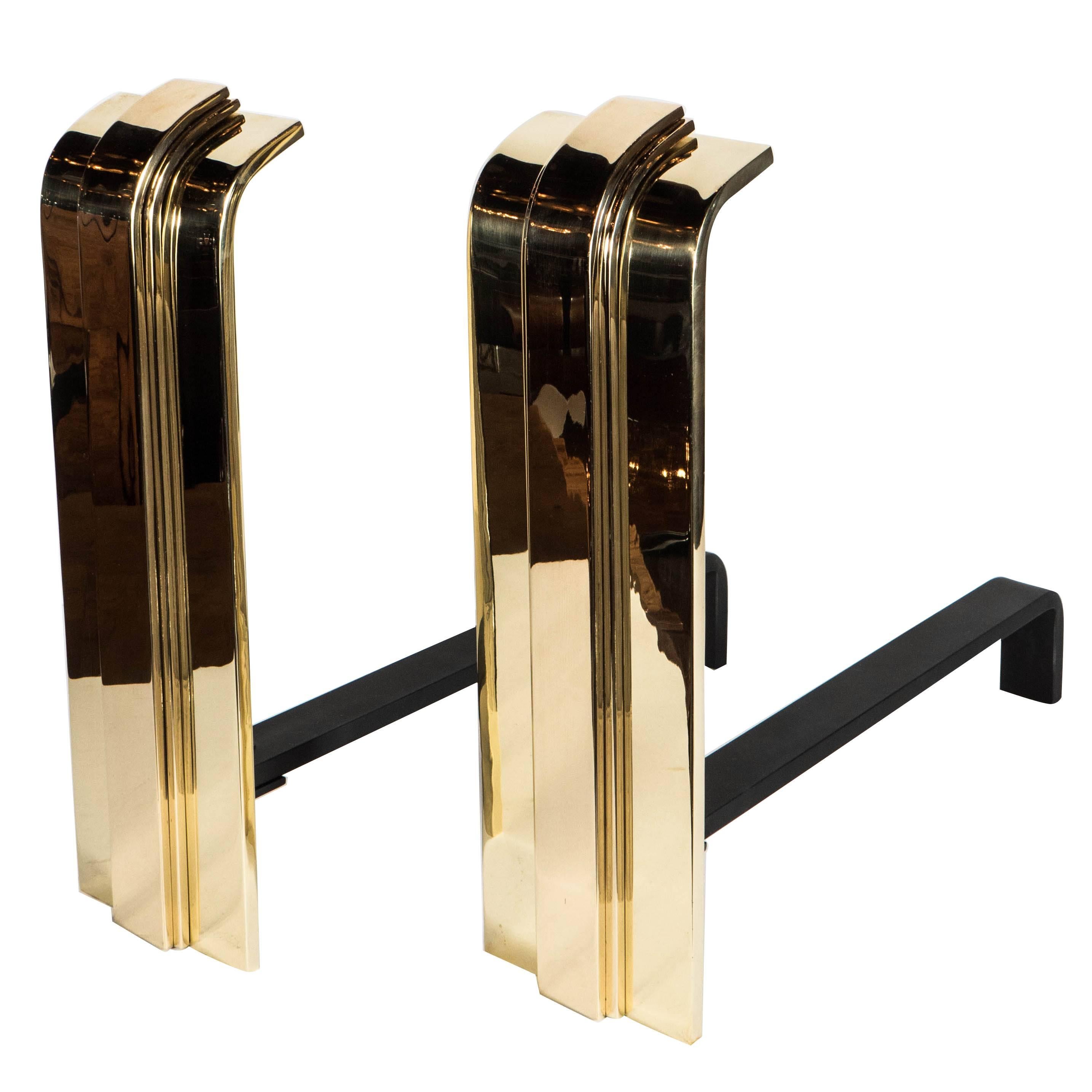 Custom Art Deco Style Skyscraper Andirons Displayed in Polished Brass For Sale