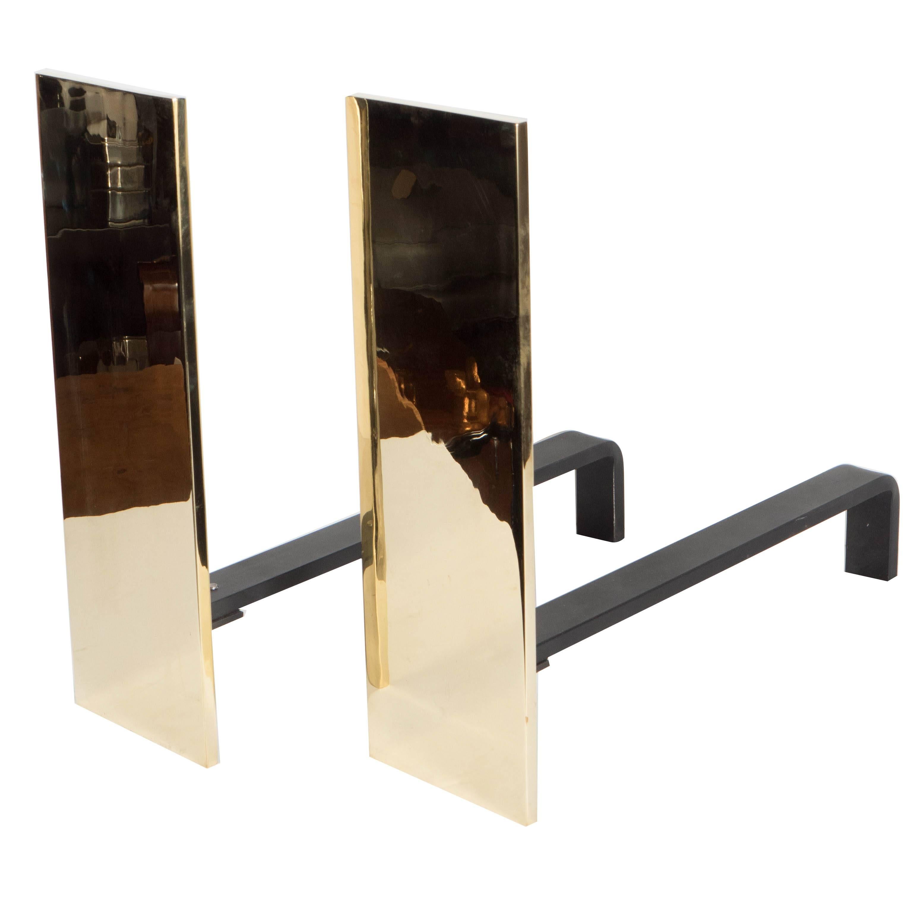Pair of Custom Mid-Century Modernist Style Polished Brass Rectangular Andirons For Sale