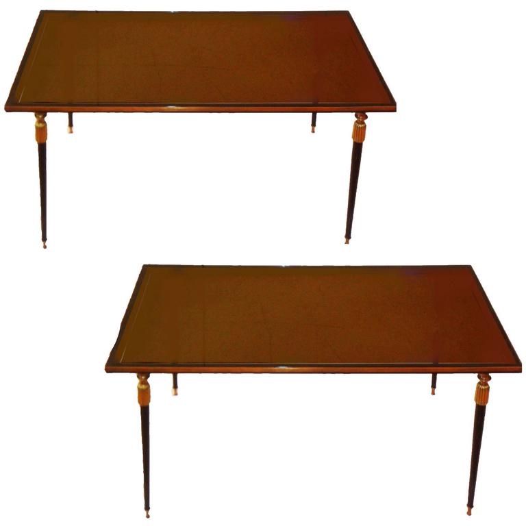 French MidCentury Modern Coffee Tables Mirrored Top Brass Tapered Legs