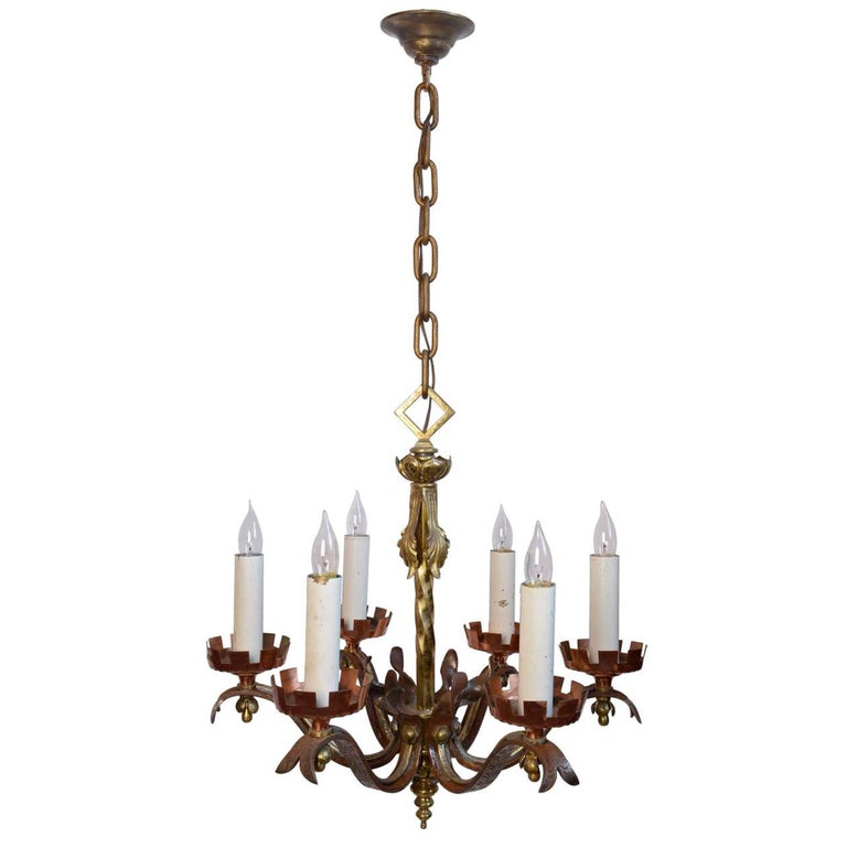 Six Candle Copper, Brass and Iron Gothic Revival Chandelier For Sale at