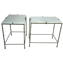 French Patinated Cast Iron Marble-Topped End Tables, circa 1984