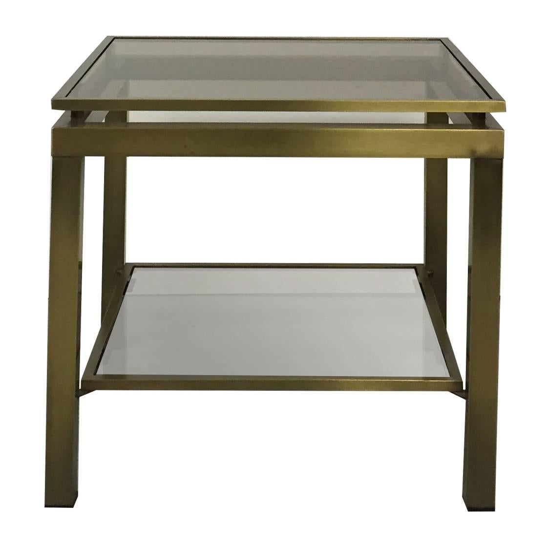 1970s, French Satin Brass Two-Tier Square Side Table by Guy Lefevre