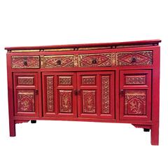 Gilded Red Lacquer Chinese Chest with Poem