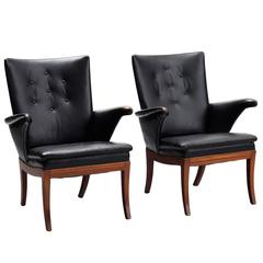Frits Henningsen Pair of Armchairs in Mahogany and Original Black Leather 
