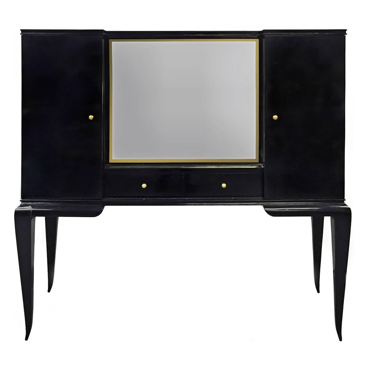 Mid-Century Belgian Black Lacquered Secretary with Mirrored Panel by Decoene For Sale