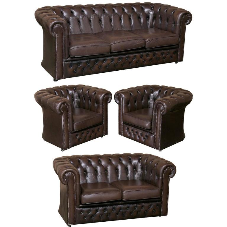 Leather Chesterfield Sofa, Loveseat and Pair of Armchairs at 1stDibs