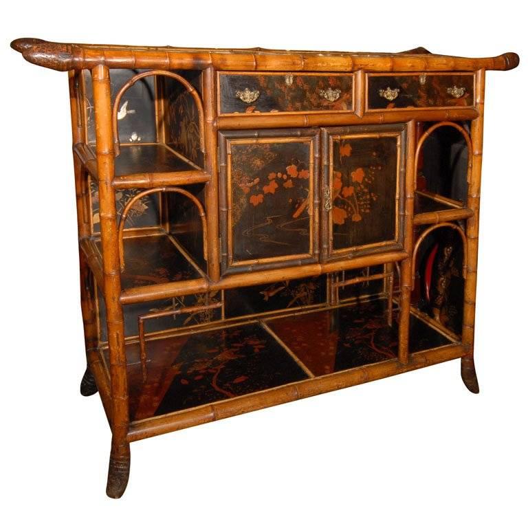 English Bamboo Console Cabinet with Lacquered Doors