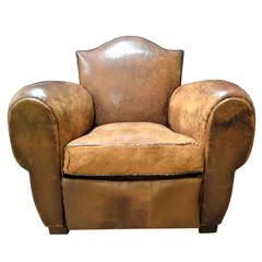 Antique 1920s French Art Deco Chapeau Gendarme or Fleur-de-Lys Leather Lounge/Club Chair