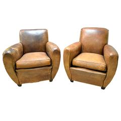 1920s French Art Deco Leather Lounge Cigar Cub Chairs