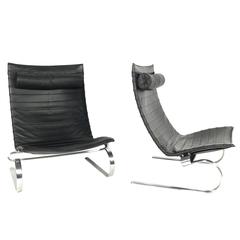 Pair of PK20 Black Leather Lounge Chairs by Poul Kjaerholm, Denmark