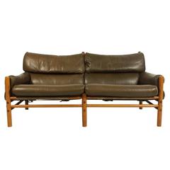 Arne Norell Kontiki Two-Seater Leather Sofa, Beechwood, AB Sweden