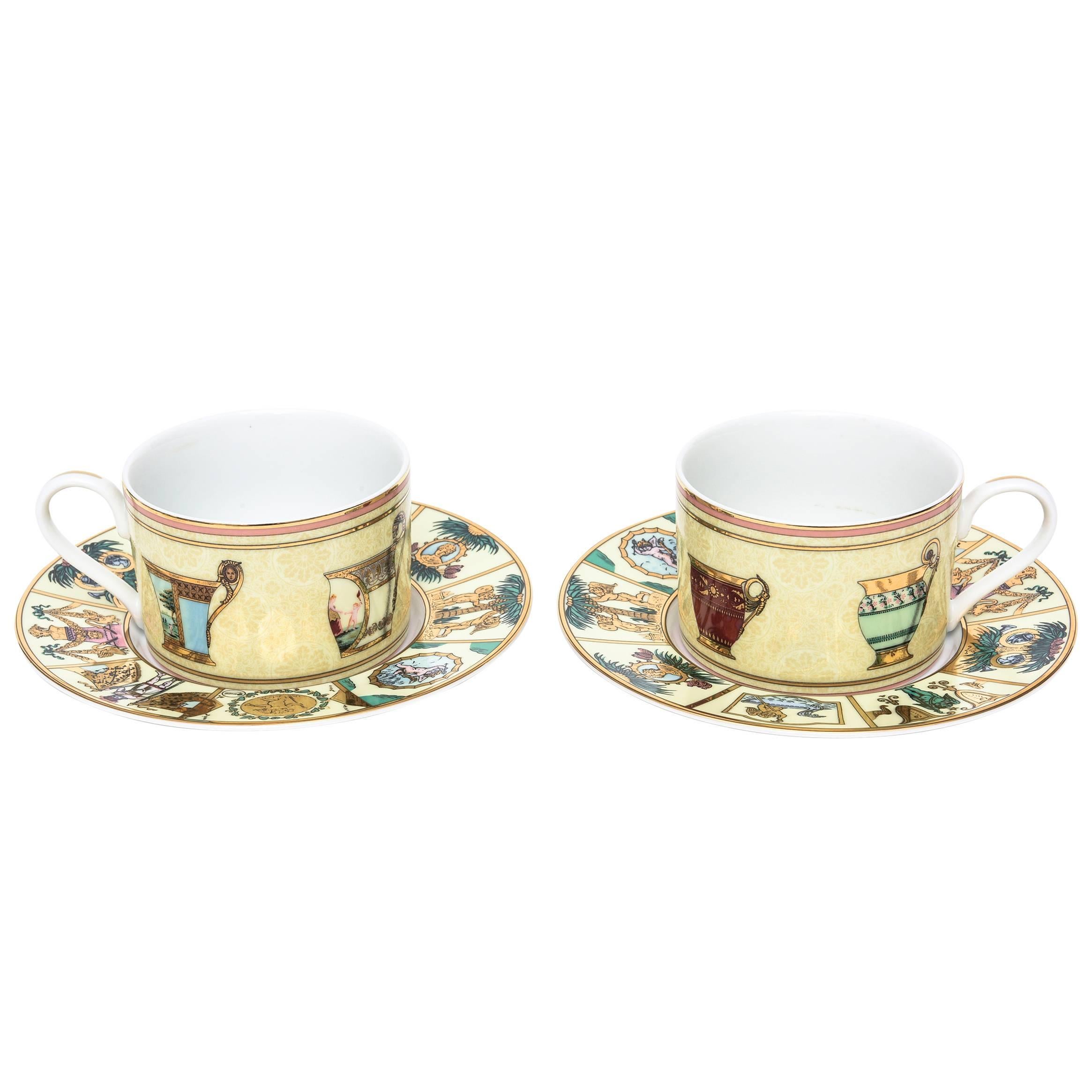 Pair of Vintage Porcelain Gucci Mythological Cups and Saucers/ Tea for two..