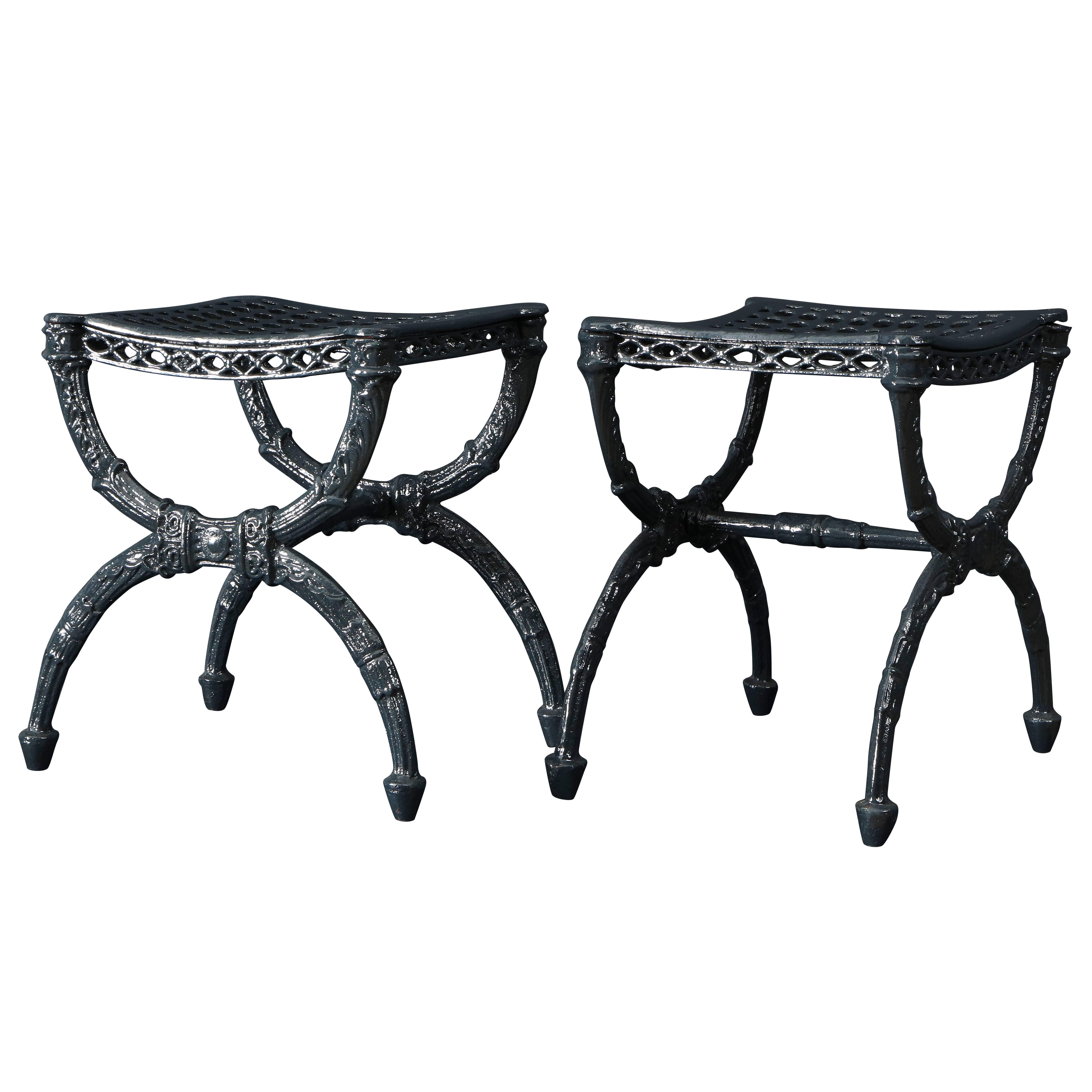 Pair of Charles X Cast Iron Curule Form Stools For Sale