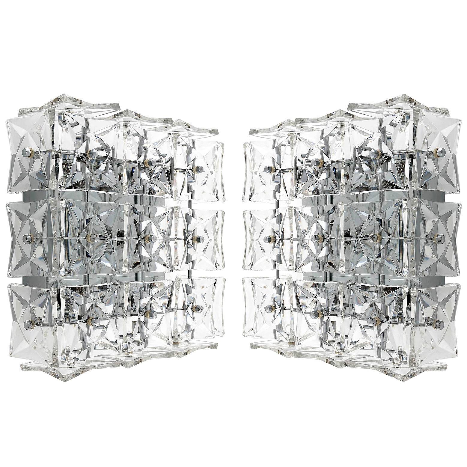 Pair of Kinkeldey Wall or Flush Mount Lights Sconces, Nickel Crystal Glass, 1970