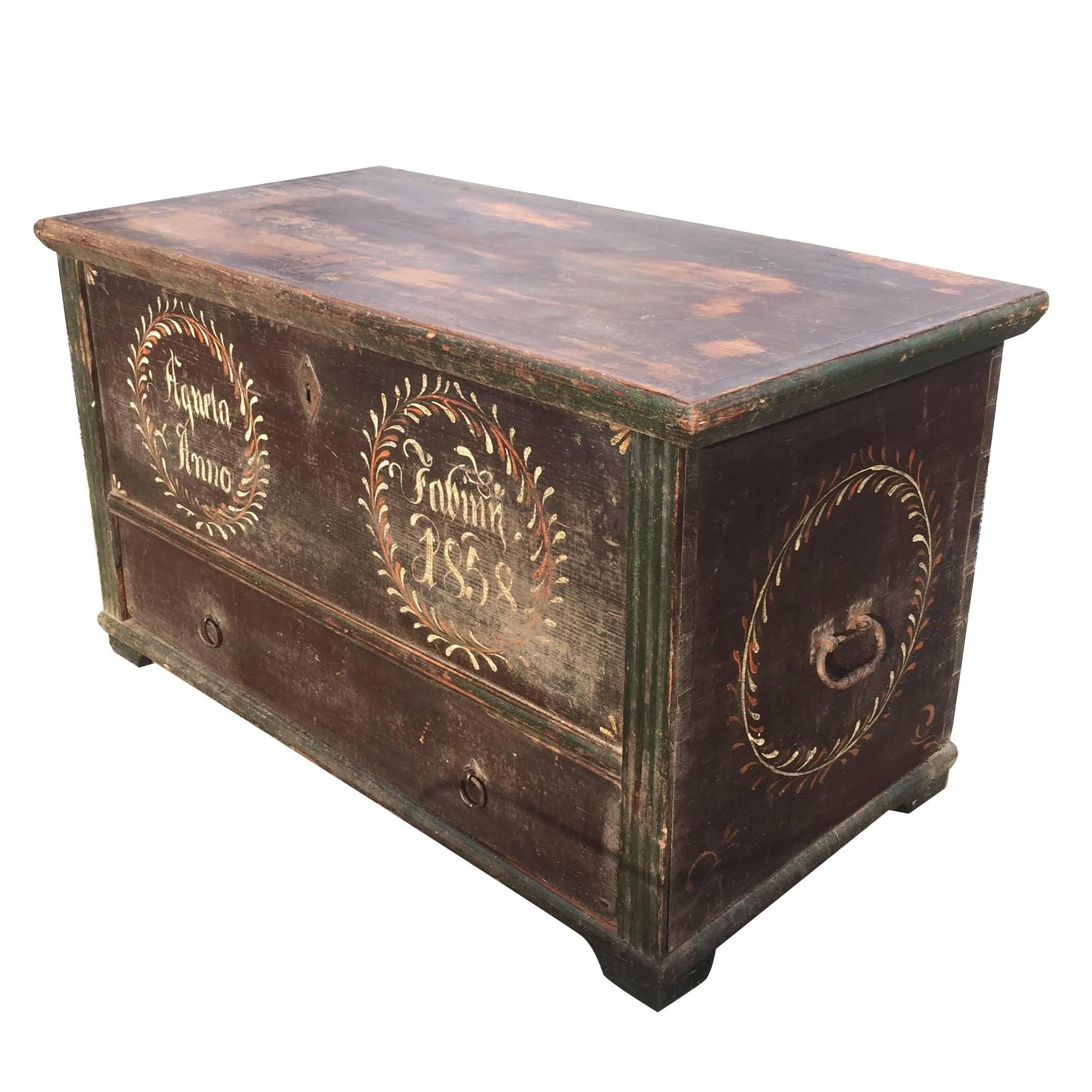Tall 19th Century Painted Swedish Marriage Chest