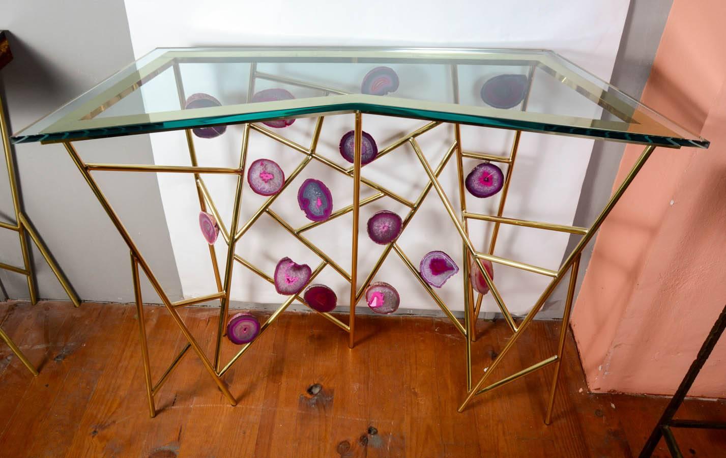 Sculptural Brass console with pink agates.
Signed
France 