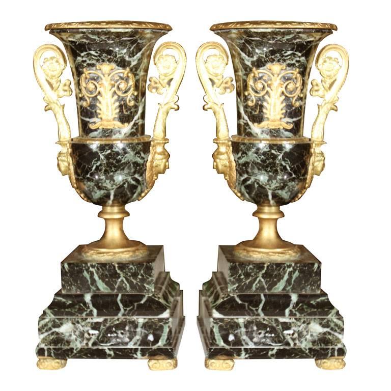 Pair of Neoclassical Bronze and Marble Table Urns Ormolu Feet