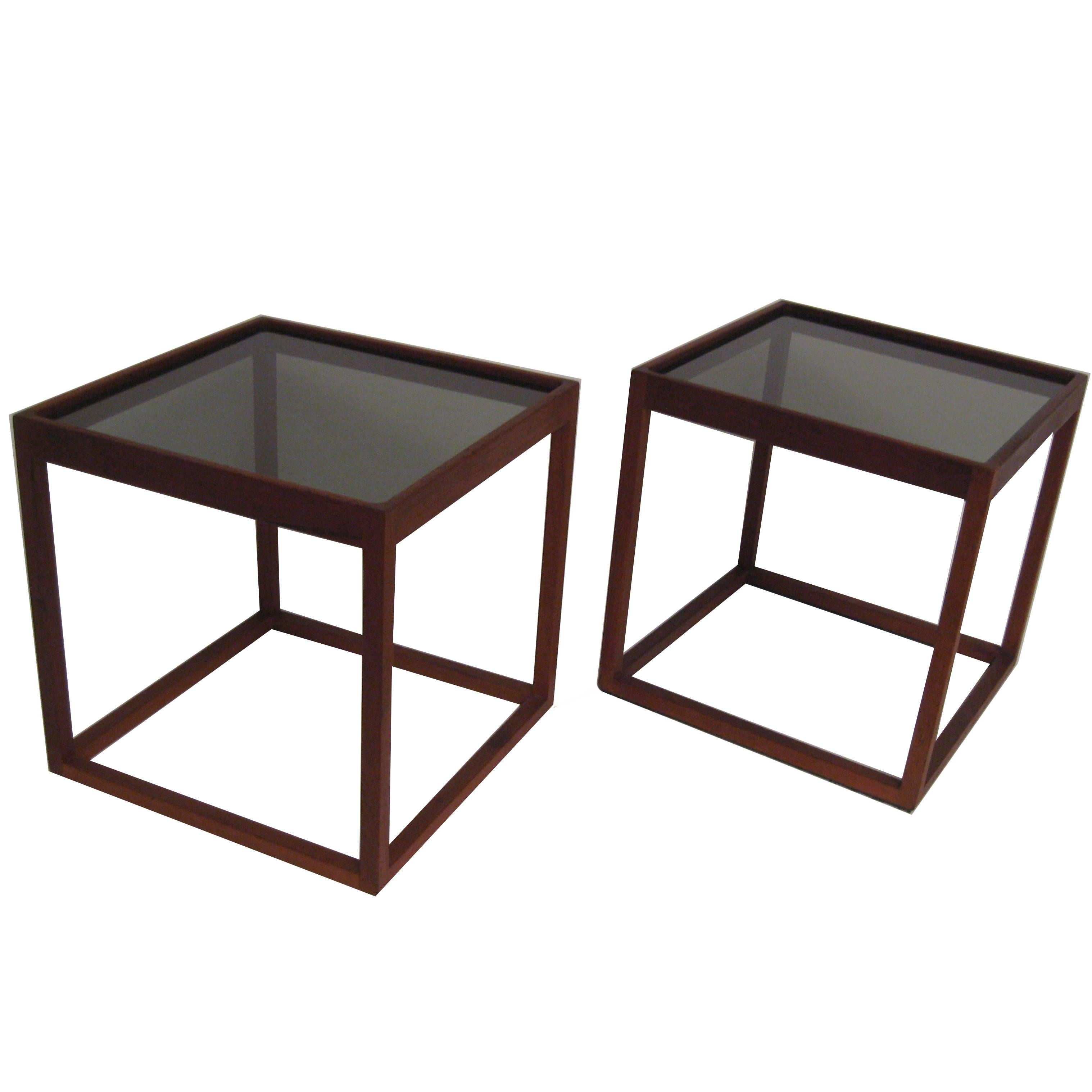Danish Modern Teak and Smoked Glass Cube End Tables