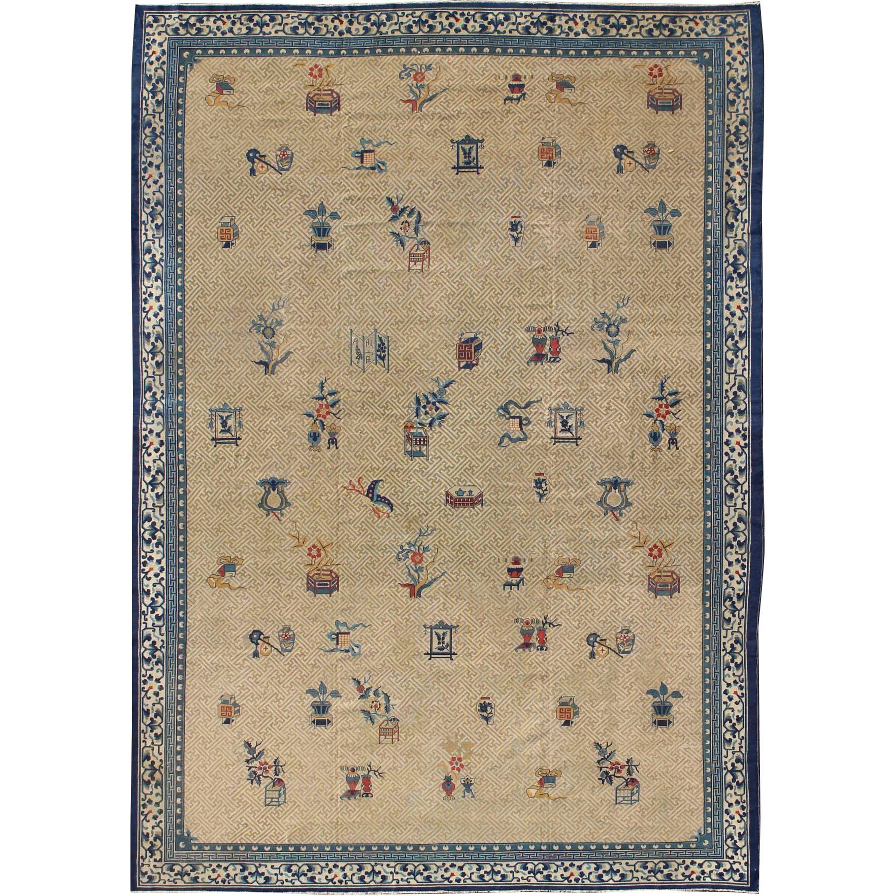 Large Antique Chinese Carpet in Ivory/Taupe Background and Blue Border For Sale