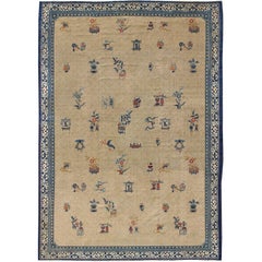 Large Antique Chinese Carpet in Ivory/Taupe Background and Blue Border