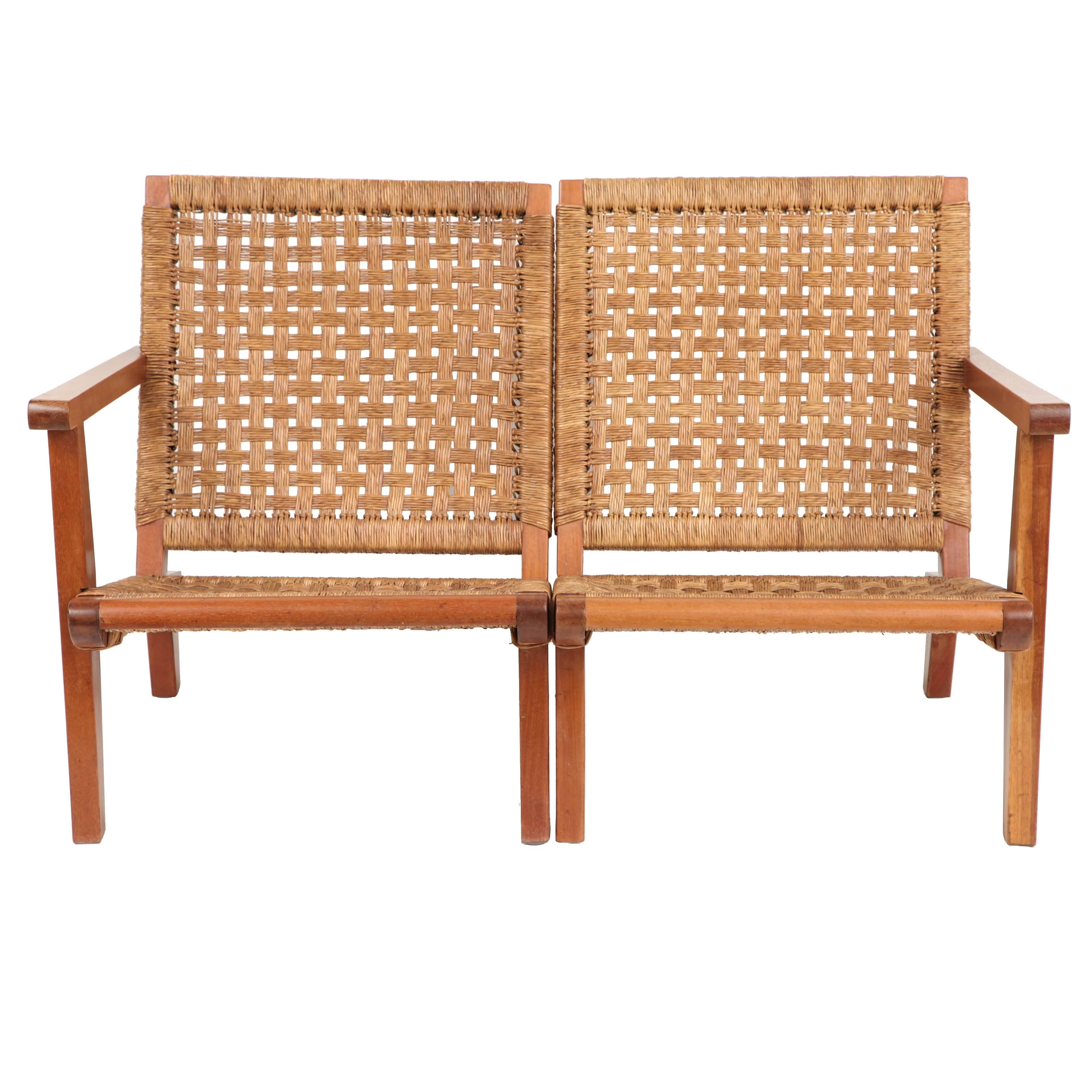 Clara Porset Walnut and Woven Rush Divided Settee For Sale
