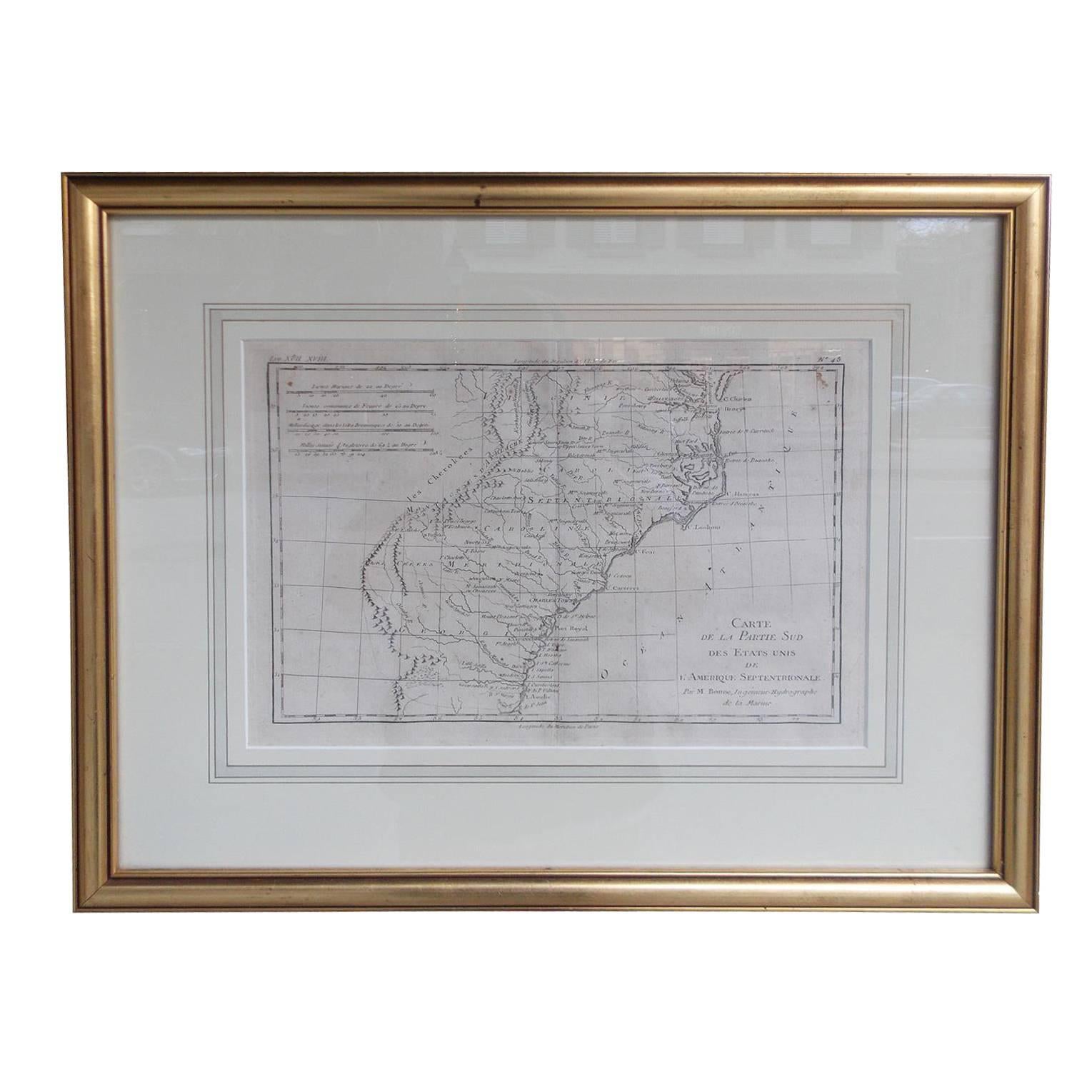 A Rare French Engraved Map of The Southeastern United States. R.Bonne Circa 1780