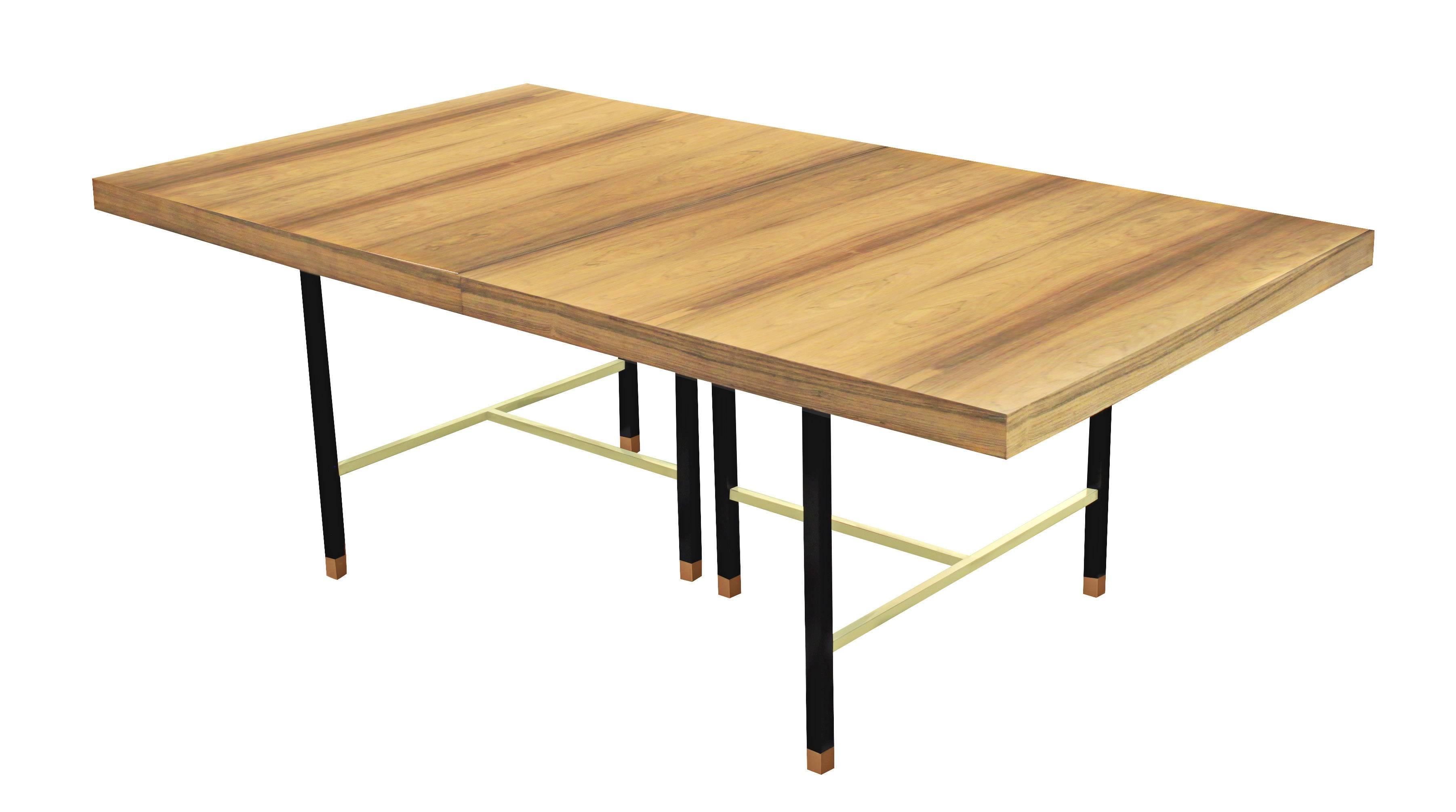 Dining table No. 819R with two leaves, top in bleached Brazilian rosewood and base in mahogany with brass stretchers, designed by Harvey Probber, American, 1950s. Table comes with 2 16 inch leaves. Table is 112 inches wide with both leaves and 80